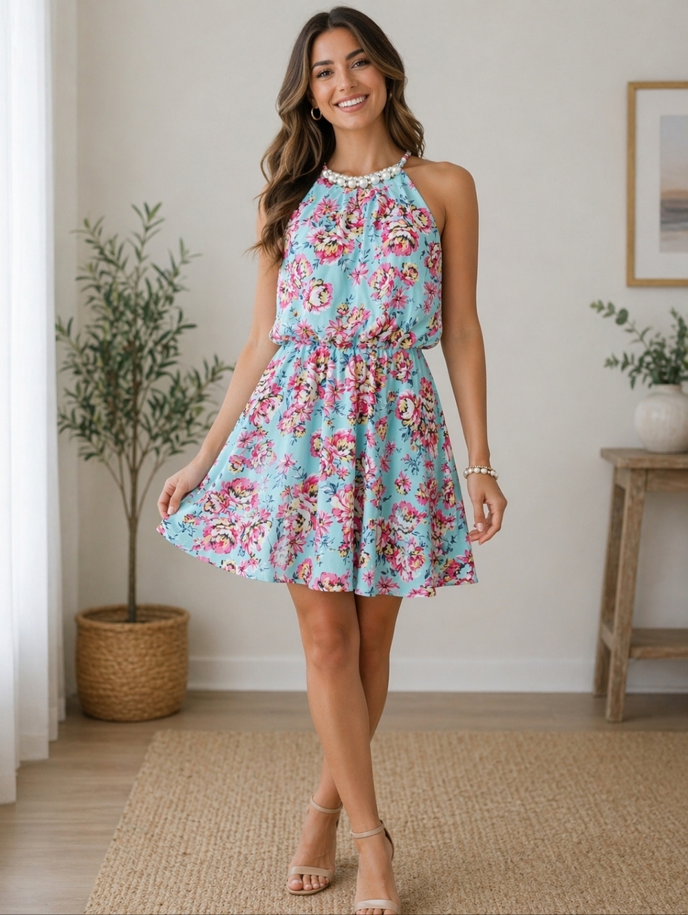 Floral Halter Sundress in Light Blue